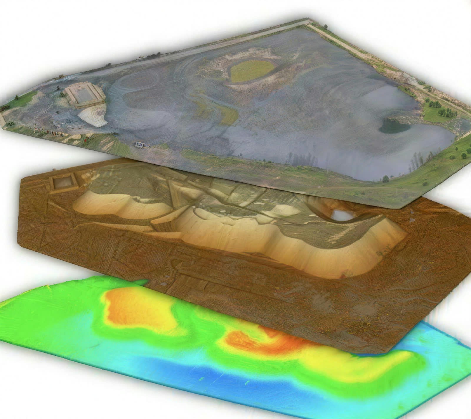 GIS layers: orthomosaic, terrain model and elevation map